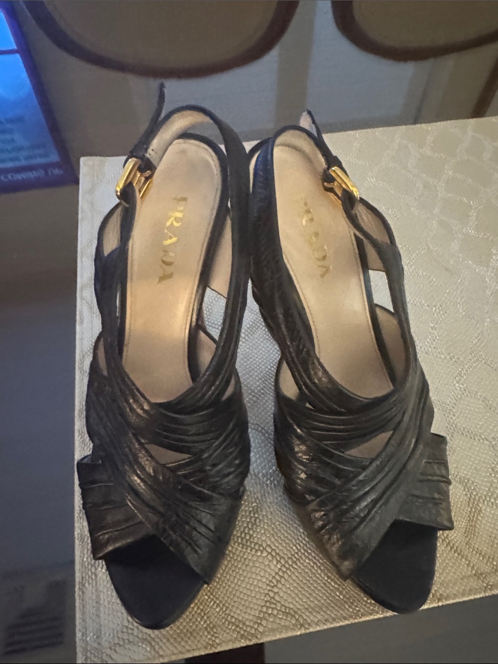 Prada Black Leather Strappy Open-Toe Slingback Heels with Gold Buckles